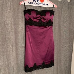 Womens’s Bebe burgundy with black lace strapless dress, size Small